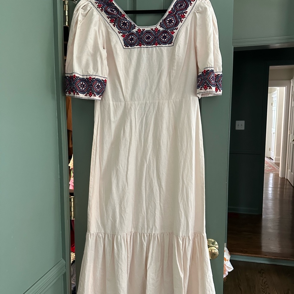 Sea New York Embroidered ivory midi Dress with Navy Accents
